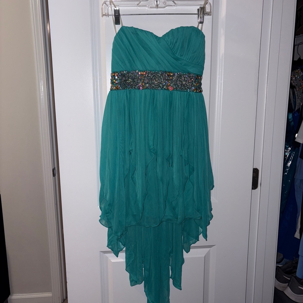 Sequin Hearts Teal Strapless Prom Dress Size: 5